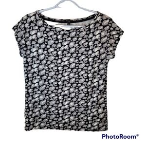 Talbots Petites Women Medium Black Grey Leopard Animal Print Cap Sleeve Boat Top